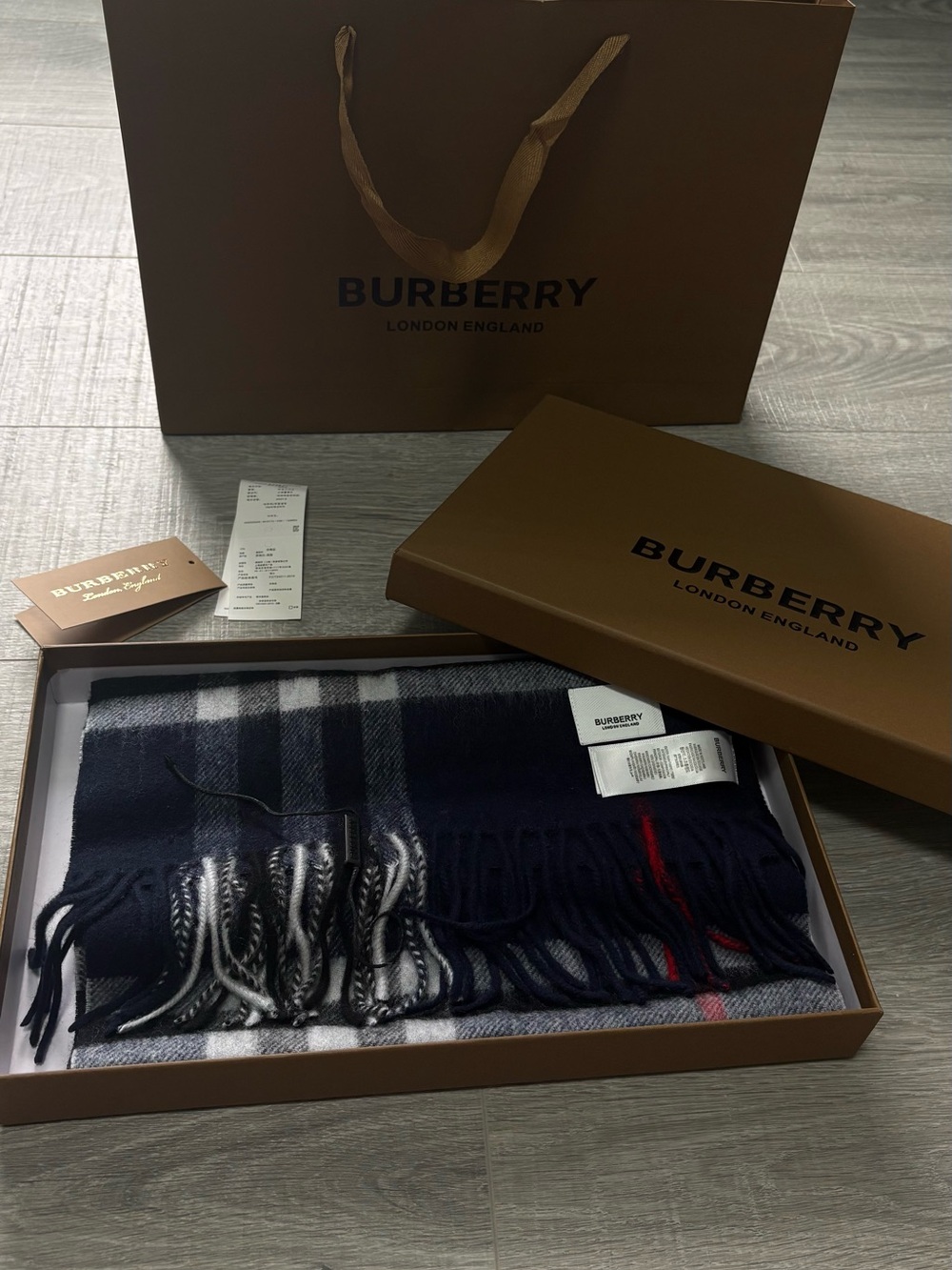 Burberry Navy Plaid 100% Cashmere Scarf